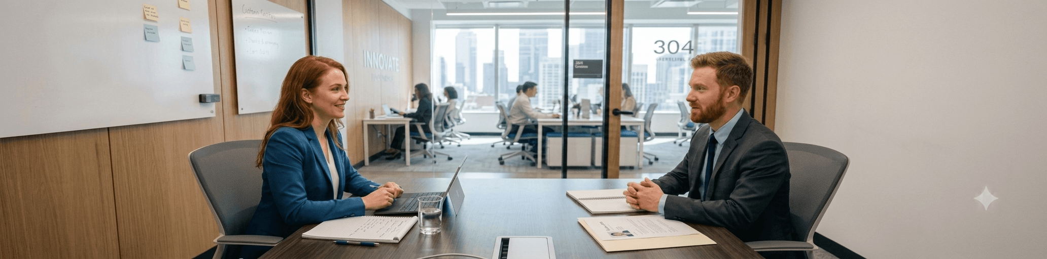 A candidate and a hiring manager talking across a desk in a bright modern office